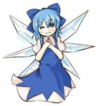  blue_eyes blue_hair cirno hands_clasped ice one_eye_closed own_hands_together rairarai solo touhou 