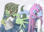  2girls blue_oni blue_skin demon_girl dragon_girl dragon_tail green_hair green_skin horns long_hair monster_girl multiple_girls nakamura-san oni original outstretched_hand pink_hair pointy_ears ryuujin_no_senpai scales school_uniform serafuku slit_pupils tail very_long_hair 