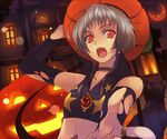  cat copyright_request elbow_gloves gloves grey_hair hat moon pumpkin red_eyes ryou_(kimagure) short_hair solo torn_clothes 
