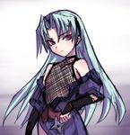  bad_id bad_pixiv_id blue_hair fishnets flat_chest fondolger grey_background long_hair ninja pink_eyes rance_(series) sengoku_rance shinobu_(rance) shuriken 