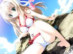  akiyama_kotoko aqua_eyes barefoot bikini blonde_hair breasts cleavage cloud crab crustacean day dutch_angle feet game_cg hairband hare_hare_harem heart inuhiko lens_flare long_hair medium_breasts non-web_source outdoors rock side-tie_bikini sitting sky smile solo spread_legs swimsuit 