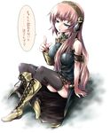  blue_eyes boots headphones knee_boots long_hair megurine_luka pink_hair sitting solo thighhighs tousen translated vocaloid 