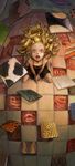  abstract barefoot blonde_hair child crazy_eyes curly_hair dress from_above highres horror_(theme) kneeling open_mouth original short_dress solo staring tiles torikawa 