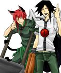  animal_ears arm_cannon bangs black_hair braid cape cat_ears cat_tail error genderswap genderswap_(ftm) kaenbyou_rin male_focus middle_finger multiple_boys multiple_tails open_mouth red_eyes red_hair reiuji_utsuho rui_(hershe) shirt smile tail third_eye touhou weapon wheelbarrow white_shirt 