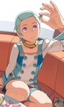  aqua_hair billy_herrington book brand_name_imitation candy collar eureka eureka_seven eureka_seven_(series) food go_robots hair_ornament hairclip purple_eyes real_life real_life_insert short_hair sitting solo thigh_strap 