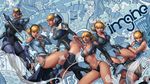  abstract blonde_hair blue blue_eyes bodysuit boots breasts cleavage copyright_request curvy gloves headphones helmet large_breasts legs lipstick makeup mask science_fiction short_hair stanley_lau sword weapon 