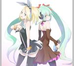  alternate_hairstyle back-to-back blonde_hair blue_eyes blue_hair elbow_gloves flat_chest gloves hair_ribbon hatsune_miku kagamine_rin long_hair microphone microphone_stand multiple_girls older ribbon short_hair tansuke thighhighs twintails very_long_hair vocaloid 
