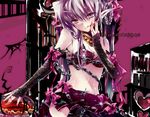  :q blood bra chain elbow_gloves elf english fingerless_gloves gloves ichiyou_moka lingerie long_hair midriff original pointy_ears purple_hair ribbon solo tongue tongue_out underwear yellow_eyes 