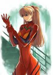  &gt;:( angry bangs blue_eyes blurry bodysuit bracer breasts covered_nipples depth_of_field frown gloves hair_between_eyes hair_ornament half_updo hand_up hip_bones holding_arm long_hair medium_breasts neon_genesis_evangelion orange_hair plugsuit railing ran'ou_(tamago_no_kimi) solo souryuu_asuka_langley stairs standing turtleneck two_side_up v-shaped_eyebrows wide_hips 