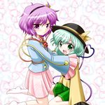  bococho green_eyes green_hair hat heart heart_of_string komeiji_koishi komeiji_satori multiple_girls pink_skirt purple_eyes purple_hair siblings sisters skirt touhou 