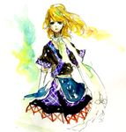  alternate_hairstyle blonde_hair green_eyes long_hair lowres mizuhashi_parsee sakuma scarf solo touhou traditional_media watercolor_(medium) 