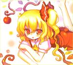  23_(candy_chapus) :d apple ascot bangs barefoot blonde_hair blush flandre_scarlet flat_chest food frills fruit hair_between_eyes hair_ribbon leg_up long_hair looking_at_viewer lowres lying on_stomach one_side_up open_mouth orange_eyes puffy_sleeves ribbon short_sleeves smile soles solo touhou wavy_hair wings 
