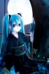 azuma_sawayoshi blue_eyes blue_hair bug butterfly hatsune_miku insect japanese_clothes long_hair moon solo twintails vocaloid window 
