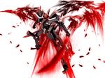  blood energy_blade floating full_body glowing glowing_eyes gn_flag gundam gundam_00 holding holding_sword holding_weapon looking_at_viewer mecha no_humans petals red_eyes rose_petals simple_background solo sword t-mai unsheathed weapon white_background 