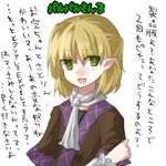  arm_warmers bad_id bad_pixiv_id blonde_hair green_eyes kame lowres mizuhashi_parsee pointy_ears short_hair solo touhou translated 