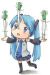  bad_id bad_pixiv_id balancing blue_eyes blue_hair chibi detached_sleeves hatsune_miku long_hair necktie okiami skirt solo spring_onion thighhighs twintails vocaloid 