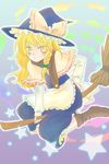  blonde_hair braid broom broom_riding hat kirisame_marisa perfect_cherry_blossom ribbon saneyoshi scarf solo star touhou witch_hat yellow_eyes 