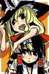  black_hair blonde_hair braid detached_sleeves hakurei_reimu hat kirisame_marisa multiple_girls ribbon robo8 touhou witch_hat 