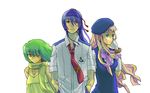  2girls adjusting_hair beret blonde_hair blue_eyes blue_hair bow bracelet dress earrings elbow_gloves expressionless floating_hair gloves gradient_hair green_hair hands_in_pockets hat jewelry long_hair looking_afar looking_away looking_up macross macross_frontier multicolored_hair multiple_girls neck_ribbon necktie ooomi pendant pink_hair ponytail ranka_lee red_eyes ribbon sad saotome_alto sheryl_nome shirt short_hair very_long_hair 