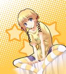  :3 blonde_hair blush grey_eyes kanisawa_kinu satomi sitting solo stitching striped striped_legwear thighhighs tsuyokiss 