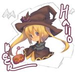  blonde_hair halloween hat jack-o'-lantern long_hair original pumpkin purple_eyes sandarumi smile solo upper_body witch_hat 