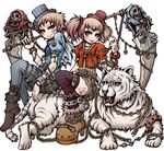  1girl :p belt bracelet brother_and_sister brown_eyes brown_hair chain cirque_du_monster futago_no_shinigami_adam_&amp;_eva hat heart jewelry official_art project.c.k. scythe short_hair shorts siblings sitting skeleton skull striped striped_legwear tattoo thighhighs tiger tongue tongue_out twins twintails white_background 