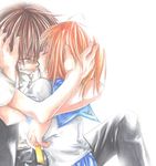  1girl brown_hair closed_eyes comforting couple hand_on_head hetero higurashi_no_naku_koro_ni himeyama_yuri hug kiss lowres maebara_keiichi orange_hair ryuuguu_rena school_uniform serafuku short_hair tears 