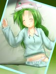  blush closed_eyes green_hair hat hiiragi_mitsuna kochiya_sanae long_hair lying pajamas panties sleeping solo touhou underwear 