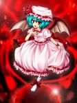  bat_wings blue_hair bow dress fangs mokku open_mouth red_eyes remilia_scarlet ribbon short_hair smile solo touhou wings 