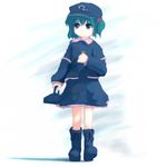  blue_dress boots dress flat_cap full_body green_eyes green_hair hair_bobbles hair_ornament hat kawashiro_nitori long_sleeves lowres rubber_boots simple_background solo standing touhou tsubasa_(abchipika) two_side_up white_background 