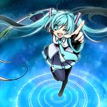  blue_eyes blue_hair detached_sleeves hatsune_miku long_hair necktie one_eye_closed pointing skirt solo spring_onion thighhighs twintails very_long_hair vocaloid yuh 
