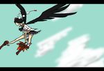  black_wings cloud expressionless fan geta hat looking_away robo8 shameimaru_aya sky solo tengu-geta tokin_hat touhou wings 