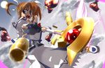  action aerial_battle battle boots bow cartridge casing_ejection explosion fingerless_gloves flying gloves hair_ribbon kida_sougetsu lyrical_nanoha magazine_(weapon) magical_girl mahou_shoujo_lyrical_nanoha mahou_shoujo_lyrical_nanoha_a's purple_eyes raising_heart red_bow red_hair ribbon shell_casing shoes short_hair short_twintails solo takamachi_nanoha twintails white_devil winged_shoes wings 