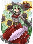  adapted_costume adjusting_clothes adjusting_hat alternate_costume ascot belt breasts character_name cleavage closed_umbrella cowboy_hat flower gloves green_hair hat kazami_yuuka kujira_lorant long_coat medium_breasts parasol plaid plaid_skirt red_eyes short_hair skirt solo sunflower touhou umbrella western 