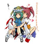  asana green_eyes green_hair hat heart multiple_girls onozuka_komachi red_eyes red_hair ribbon rod_of_remorse shiki_eiki short_hair touhou translated two_side_up 