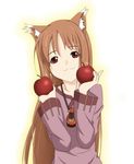  animal_ears apple brown_hair food fruit holding holding_food holding_fruit holo long_hair rakuhashi red_eyes solo spice_and_wolf wolf_ears 