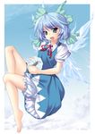  barefoot beetle bloomers blue_eyes blue_hair bow bug cirno dress feet floating frown frozen hair_bow highres ichio insect neck_ribbon open_mouth ribbon short_hair solo touhou underwear white_bloomers wings 