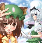  :o blue_eyes blush bob_cut brown_eyes brown_hair chen earrings hairband hat hitodama jewelry konpaku_youmu konpaku_youmu_(ghost) looking_back multiple_girls open_mouth petals piromizu short_hair silver_hair smile touhou v wrist_grab 