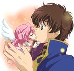  1girl angel angel_wings brown_hair chibi closed_eyes code_geass euphemia_li_britannia green_eyes kiss kurimomo kururugi_suzaku long_hair minigirl pink_hair short_hair star wings 