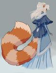  big_tail bix707 brown_fur clothed clothing dress female fluffy_tail fur grey_background hair long_hair mammal plain_background red_panda solo standing stripes white_hair 