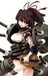 blush bow breasts brown_eyes brown_hair cannon hair_bow ichi_(ichikai) ise_(kantai_collection) japanese_clothes kantai_collection katana long_sleeves medium_breasts open_mouth ponytail short_hair skirt smile solo sword turret weapon wide_sleeves 