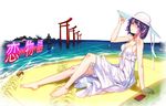  animal bakemonogatari barefoot cleavage crab dress hat monogatari_(series) no_bra phone purple_hair ryuuzaki_itsu senjougahara_hitagi short_hair torii 