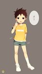 bandaid brown_eyes brown_hair looking_at_viewer male_focus noeyebrow_(mauve) open_mouth original shorts simple_background socks solo standing translated 