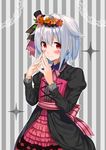  androgynous bad_id bad_pixiv_id blush commentary_request dress earrings erubo flower hair_flower hair_ornament hat jewelry long_sleeves male_focus mars_symbol mars_symbol_earrings mini_hat mini_top_hat original otoko_no_ko red_eyes short_hair silver_hair smile solo striped striped_background top_hat vertical-striped_background vertical_stripes yohane_bonaventura 