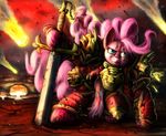  blue_eyes cutie_mark davionx detailed_background doublewbrothers explosion female feral friendship_is_magic fur hair japandragon kneeling looking_at_viewer meteor my_little_pony outside pink_fur pink_hair pinkie_pie_(mlp) solo sword warhammer_(franchise) weapon 