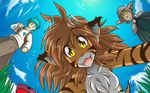  breasts feline female fish flora_(twokinds) group keidran keith_keiser koi male mammal marine pond reflection tiger tom_fischbach trace_legacy twokinds wallpaper water 