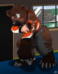  bear brown_bear catmonkshiro claws clothing delivery_van door grizzly_bear jersey male mammal nhl pants philadelphia_flyers shirt sidewalk socks torn_clothing transformation truck uniform ups window 