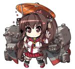  3: breasts brown_eyes brown_hair chibi flower gun hair_flower hair_ornament kantai_collection kneehighs large_breasts long_hair military military_uniform miniskirt mismatched_legwear parasol ponytail rikumaru single_kneehigh single_thighhigh skirt solo thighhighs umbrella uniform very_long_hair weapon yamato_(kantai_collection) 