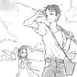  :&lt;&gt; bag bird blush bucket cloud coin_rand crossdressing dress fishing_rod from_below greyscale long_hair monochrome multiple_boys nervous open_mouth original otoko_no_ko pants seagull shading_eyes shigeru_(rand) shirt sky strap sundress t-shirt very_long_hair 