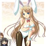  3girls akiyama_mio animal_ears blonde_hair blue_eyes blush bow bowtie breast_hold breasts bunny_ears bunnysuit chibi cleavage fishnet_pantyhose fishnets hard_translated k-on! kotobuki_tsumugi leaning_forward long_hair multiple_girls nanashiwan pantyhose smile translated very_long_hair wrist_cuffs yamanaka_sawako 